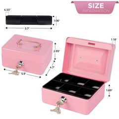 Black Small Cash Box Money Tray Lock Key Petty Metal Bank 5.9×4.7×3.1 Inches