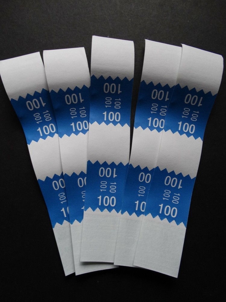 5 – Blue $100 Cash Money Self-Sealing Straps White Saw Tooth Currency Bands
