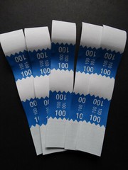 5 – Blue $100 Cash Money Self-Sealing Straps White Saw Tooth Currency Bands