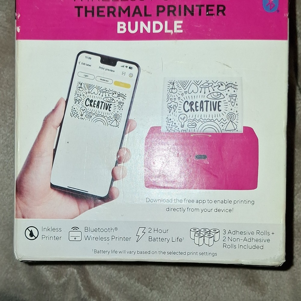 Wireless Bluetooth Thermal Printer Bundle, 200 DPI, 1200mAh, USB-C, Pink, 5 Rol…