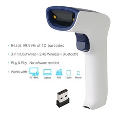 1D Wireless Bluetooth Barcode Scanner: 3-in-1 Handheld, USB BarCode Reader