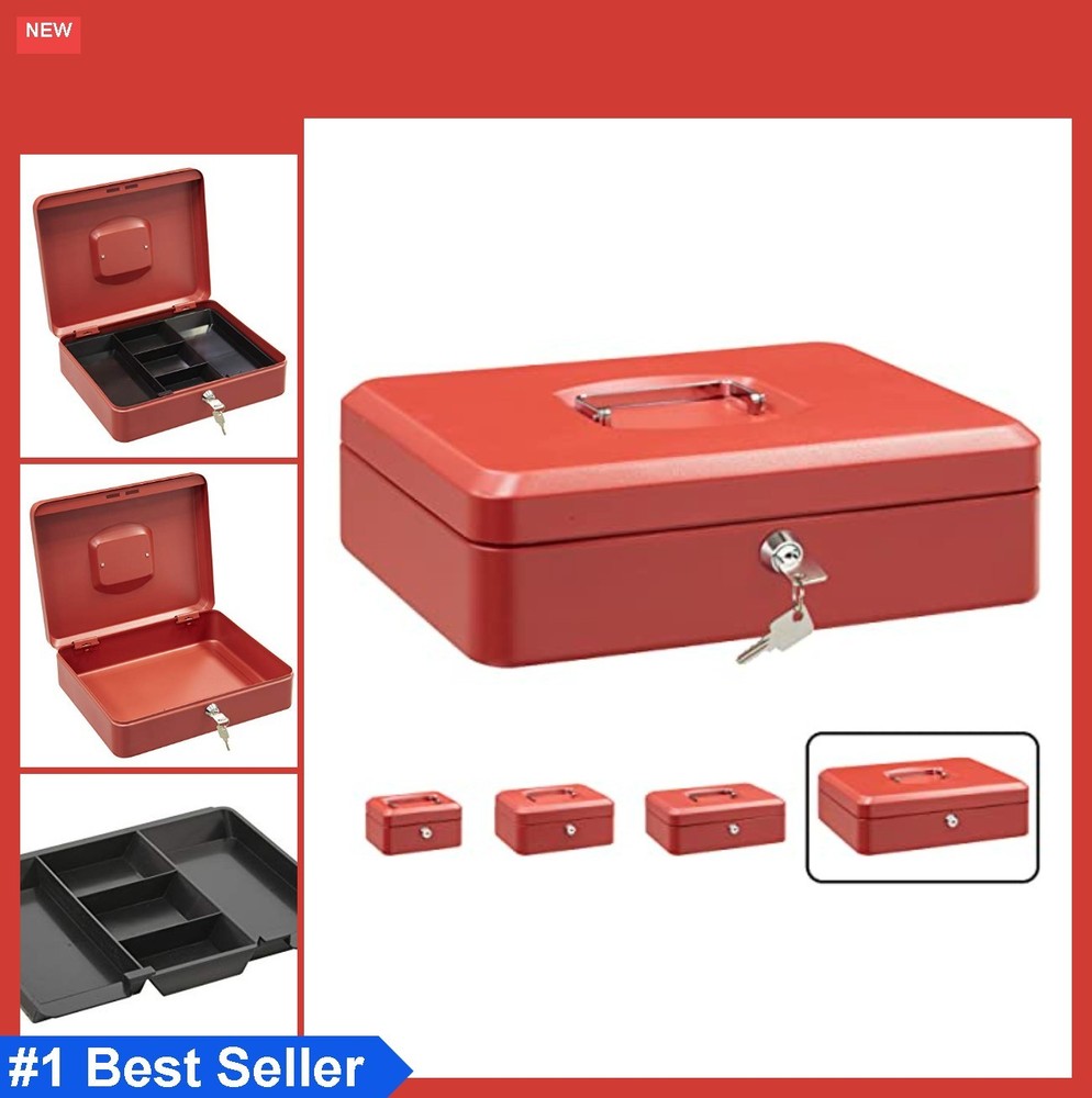Red Cash Box 11.81 Inch Steel Lockable Key Money Box with Tray Portable