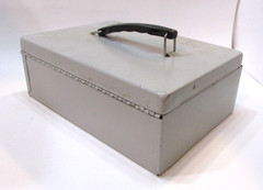 Vintage 1970s Industrial Beige Orange Peel Textured Steel Cash Box File w Handle