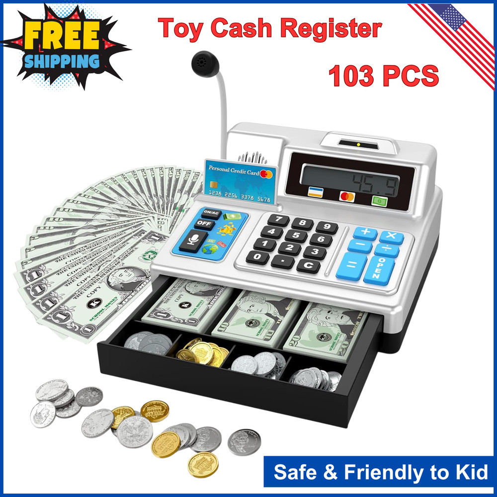 Toy Cash Register Set with Calculator, Microphone, 103 Pieces for Kids Toddlers