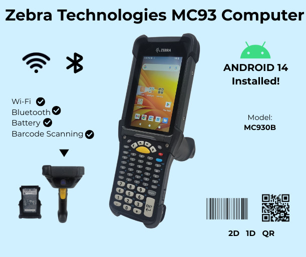 Zebra MC93 MC930B MC930B-GSEDG4NA Mobile Computer Barcode Scanner – Android 14