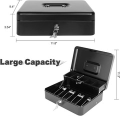 Cash Box with Lock Key and Money Tray – Large Money Box for Cash Register, Metal