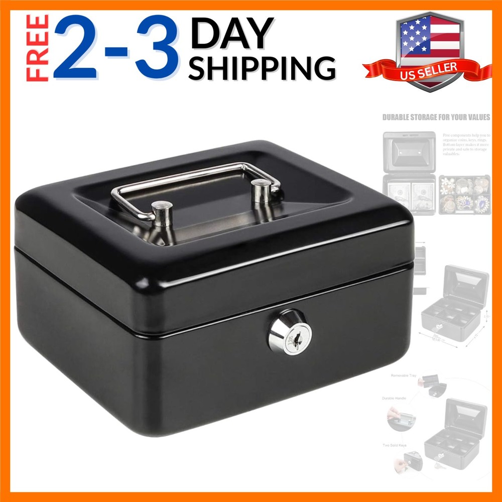 Cash Box with Money Tray, Small Money Box with Key Lock, 6″ x 4 4/5″ x 3″, Black