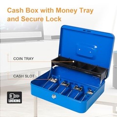Locking Cash Box with Money Tray Blue Metal Key Lock Security Cable 11.8×9.5×3.5