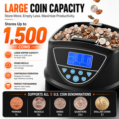 coin Sorting Machine with LCD Display, 1500 Coin Capacity, Coin Counter