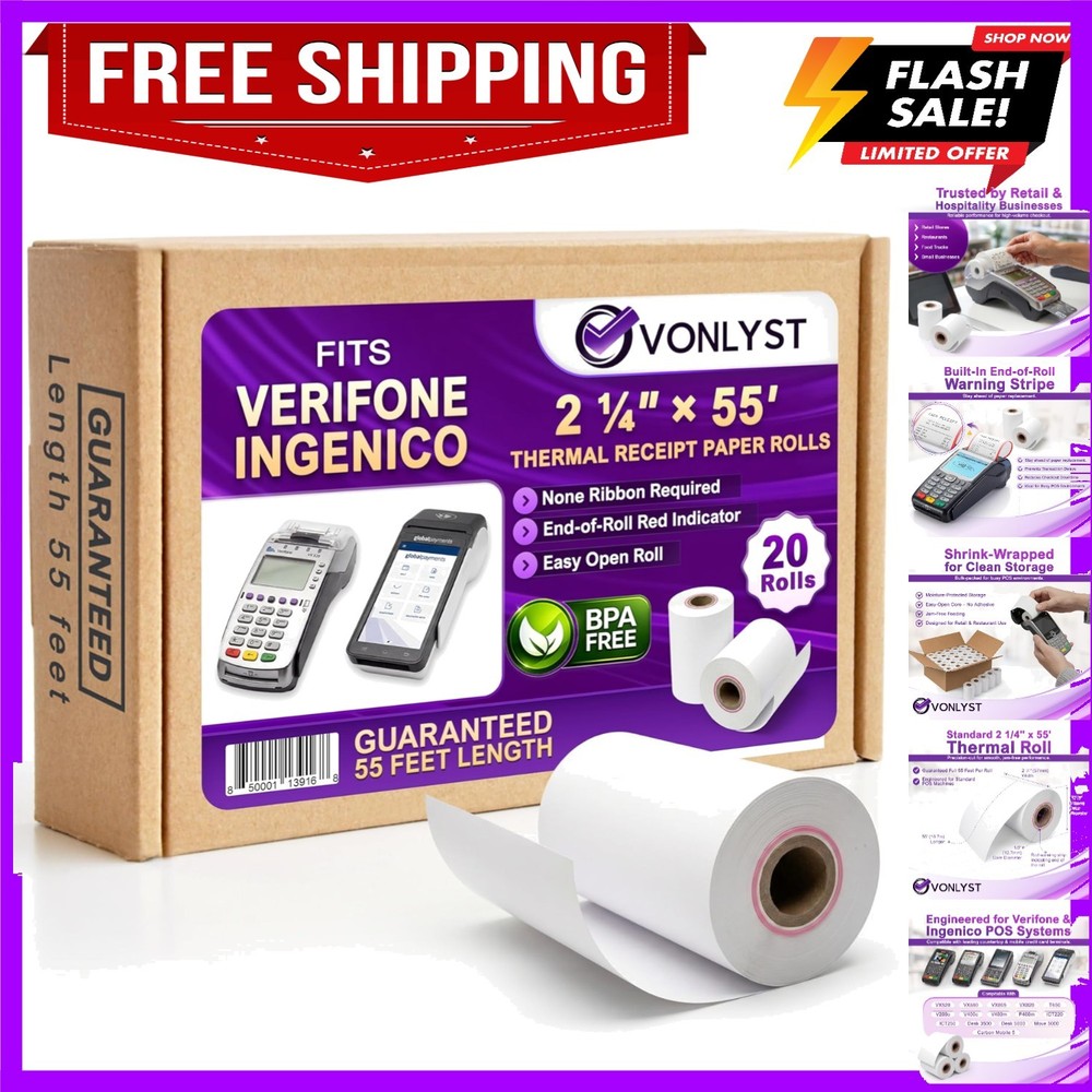 Verifone & Ingenico Thermal Paper Rolls 2 1/4″ x 55′ 20 Pack BPA Free Receipt…
