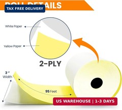 (32 Rolls) 2 Ply Kitchen Printer Paper White/Yellow Carbonless Rolls 3″ x 95 Fee