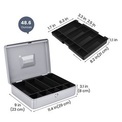 Silver Cash Box with Money Tray, 2 Keys, Lock Box w/ Removable 9 Compartment