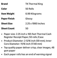 TK Thermal King 50 Rolls Thermal POS Cash Register Receipt Paper 2 1/4” x 165’