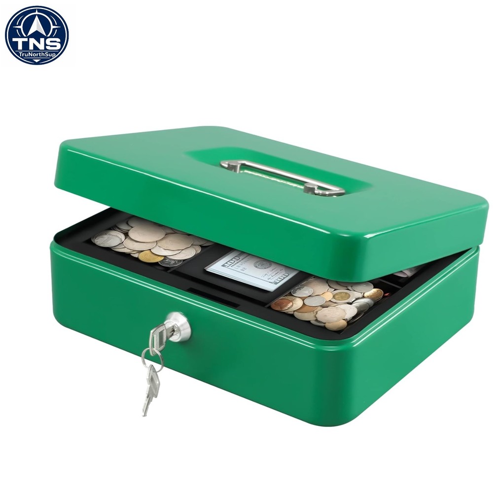 Large Green Lock Box with Money Tray 9.84×7.87×3.54 inch Metal Safe Cash Box