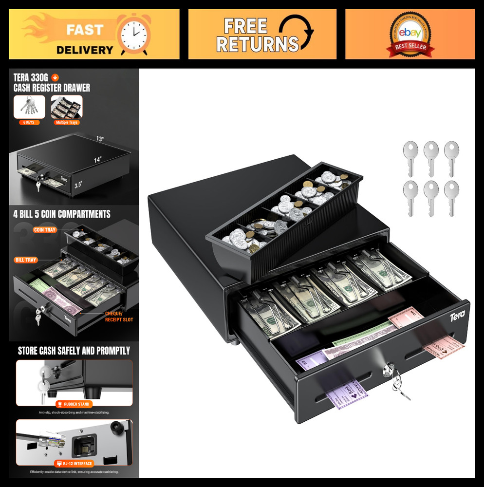 13″ Cash Register Drawer for POS System – 4 Bill 5 Coin Tray, Key-Lock, Auto Ope