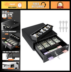 13″ Cash Register Drawer for POS System – 4 Bill 5 Coin Tray, Key-Lock, Auto Ope
