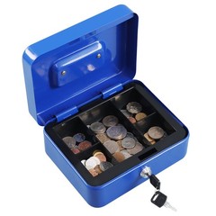 Locking Steel Medium Cash Box with Removable Coin Tray Key Lock Blue Color