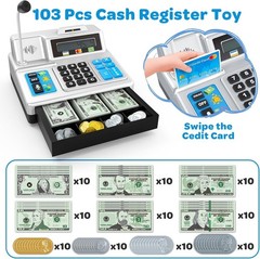 Toy Cash Register Set with Calculator, Microphone, 103 Pieces for Kids Toddlers