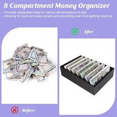Money Organizer for Cash, 8 Compartment Wooden Cash Divider Storage Organizer…