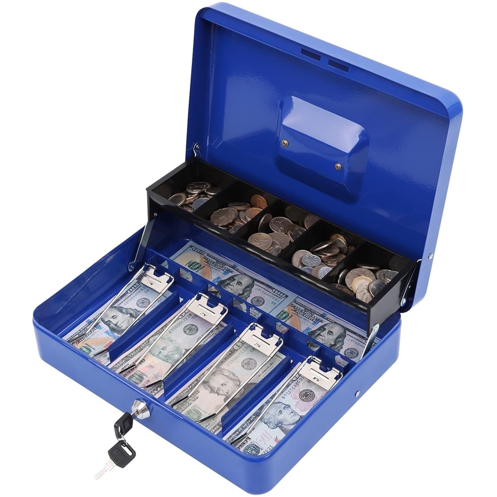 Durable Blue Metal Cash Box with Key Lock and Tiered Money Tray, 11.8″ x 9.5″