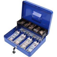 Durable Blue Metal Cash Box with Key Lock and Tiered Money Tray, 11.8″ x 9.5″
