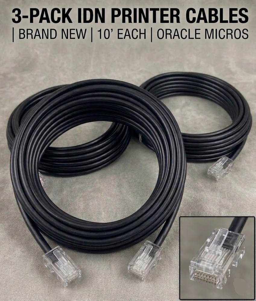 Oracle Micros Printer Cable IDN RJ45 Male 8-Pin to RJ12 Male 6-Pin 10′ (3-PACK)