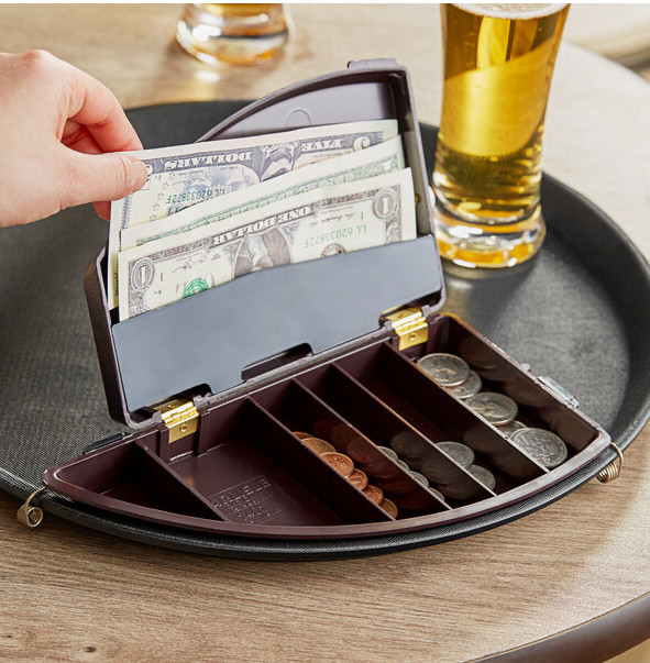 Round Serving Tray With Money Maid Clip on Brown Cash and Change Caddy Waitress