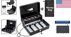 Portable Key Lock Cash Safe with Anti-Theft Cable – Black XL – 11.81in x 9.45in