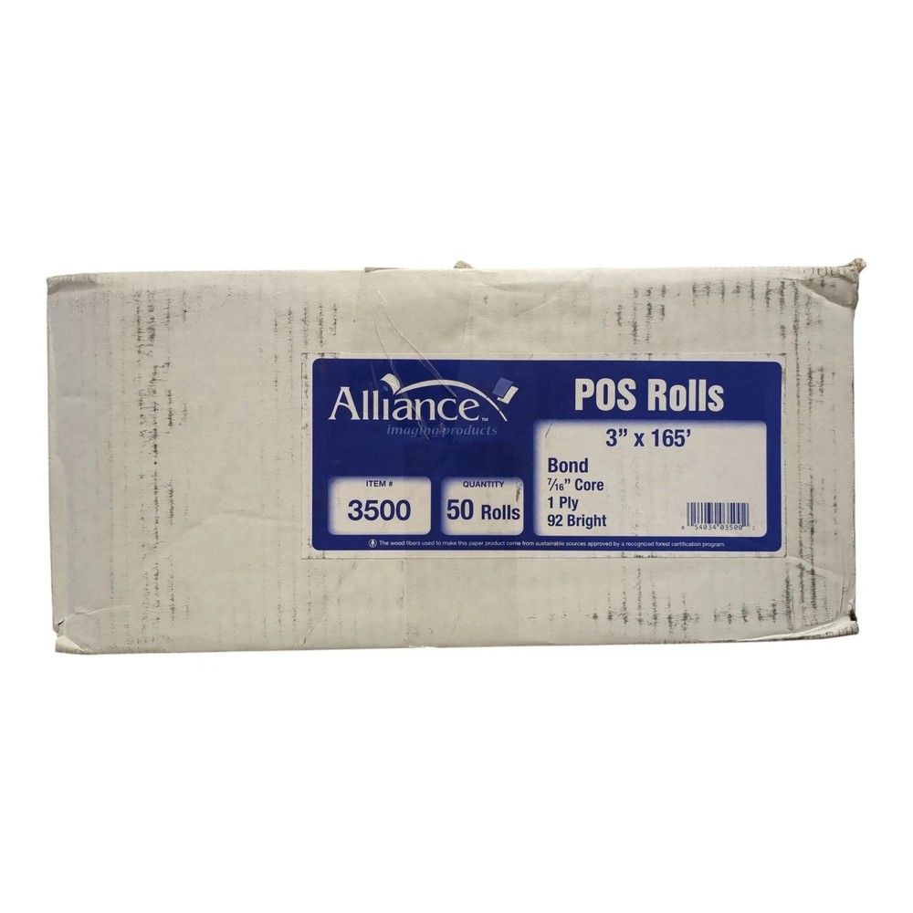 Alliance Bond Paper Receipt Rolls 1 Ply, 92 Bright, 3″x165′, 50 Rolls