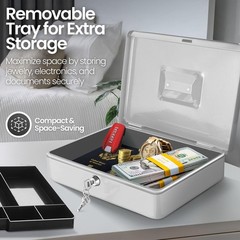 Metal Cash Box with Lock & Removable Tray – 9-Compartment Money Storage for Busi