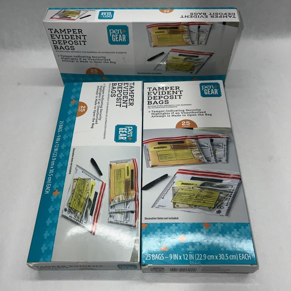 75 Tamper Evident Deposit Bags 9″ by 12″ 3 boxes of 25 NEW, Unopened, unused.