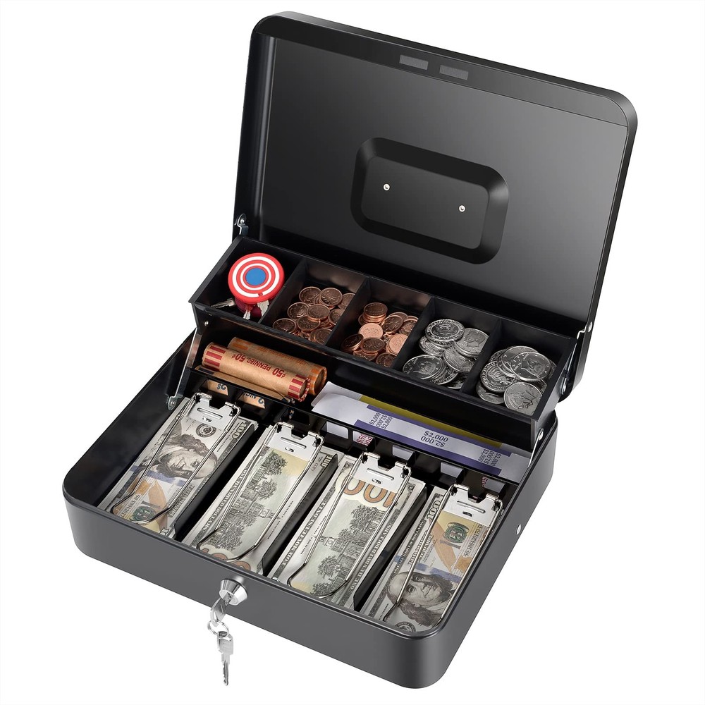 Cash Box with Money Tray and Key Lock, Saving Lock Box with Money Tray Storage f