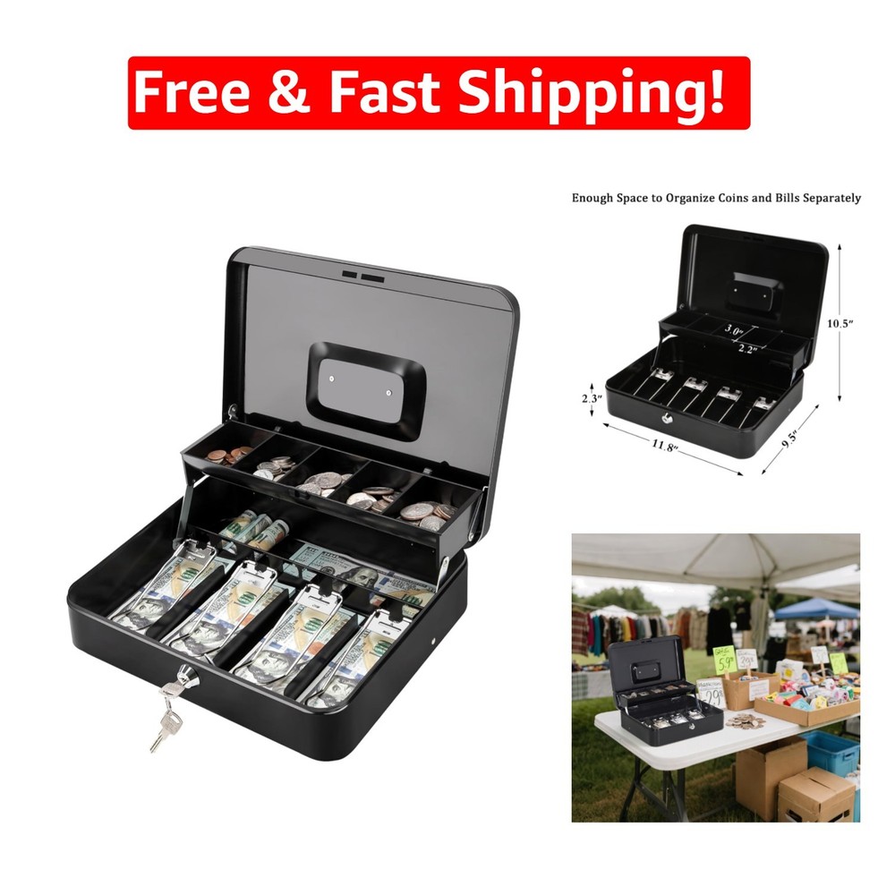 Large Black Cash Box with Key Lock – 11.8L Money Organizer for Secure Storage
