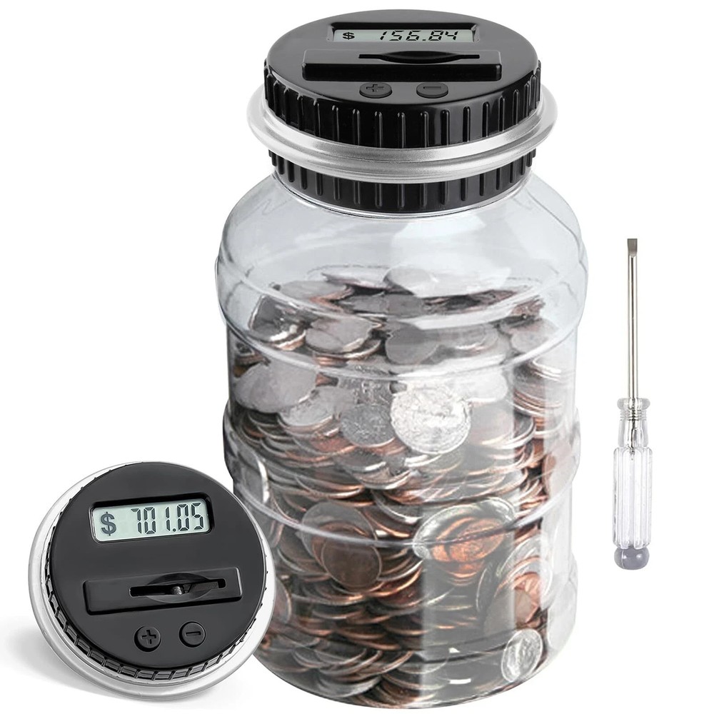 Large Digital Coin Counting Bank 1.8L LCD Coin Jar US Coins Silver