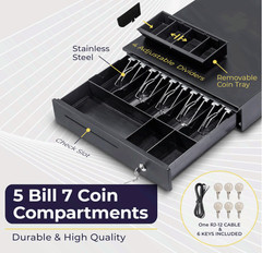 Cash Register Drawer for Point of Sale (POS) System, 5 Bill/7 Coin, 16″