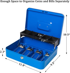 Locking Large Metal Cash Box with Money Tray, Lock Money Box with Key, Blue, CB0