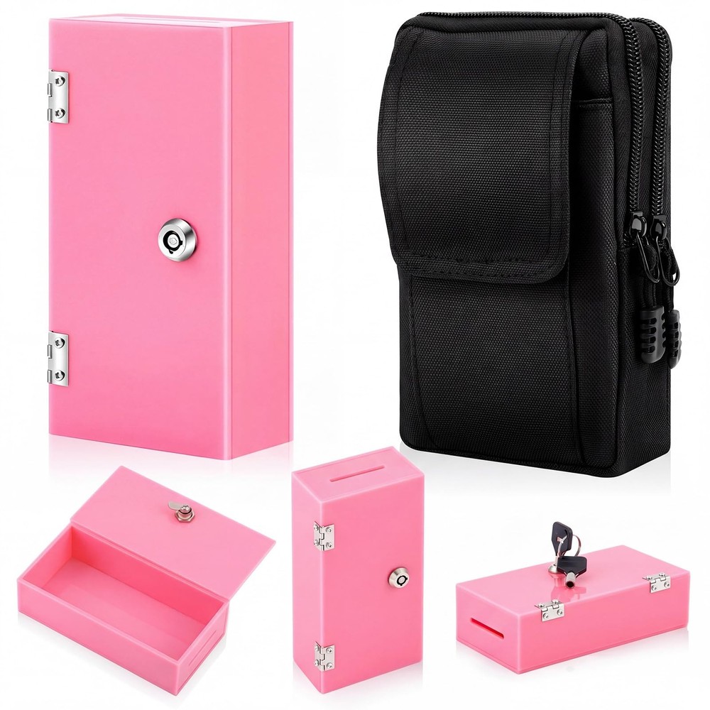 Extra Large Acrylic Winners Bank Portable Pink Cash Box Lock Bag 2 Keys