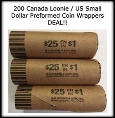 200 Preformed Coin Kraft Wrappers For Canada Loonie / US Small Dollar Size NEW