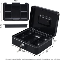 Large cash box with removable tray and keys black steel storage box portable …