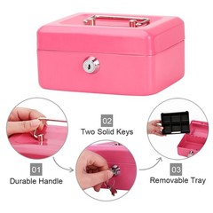 Pink Small Cash Box with Key Lock Double Layer Metal Money Box 5.9×4.7×3.2 In