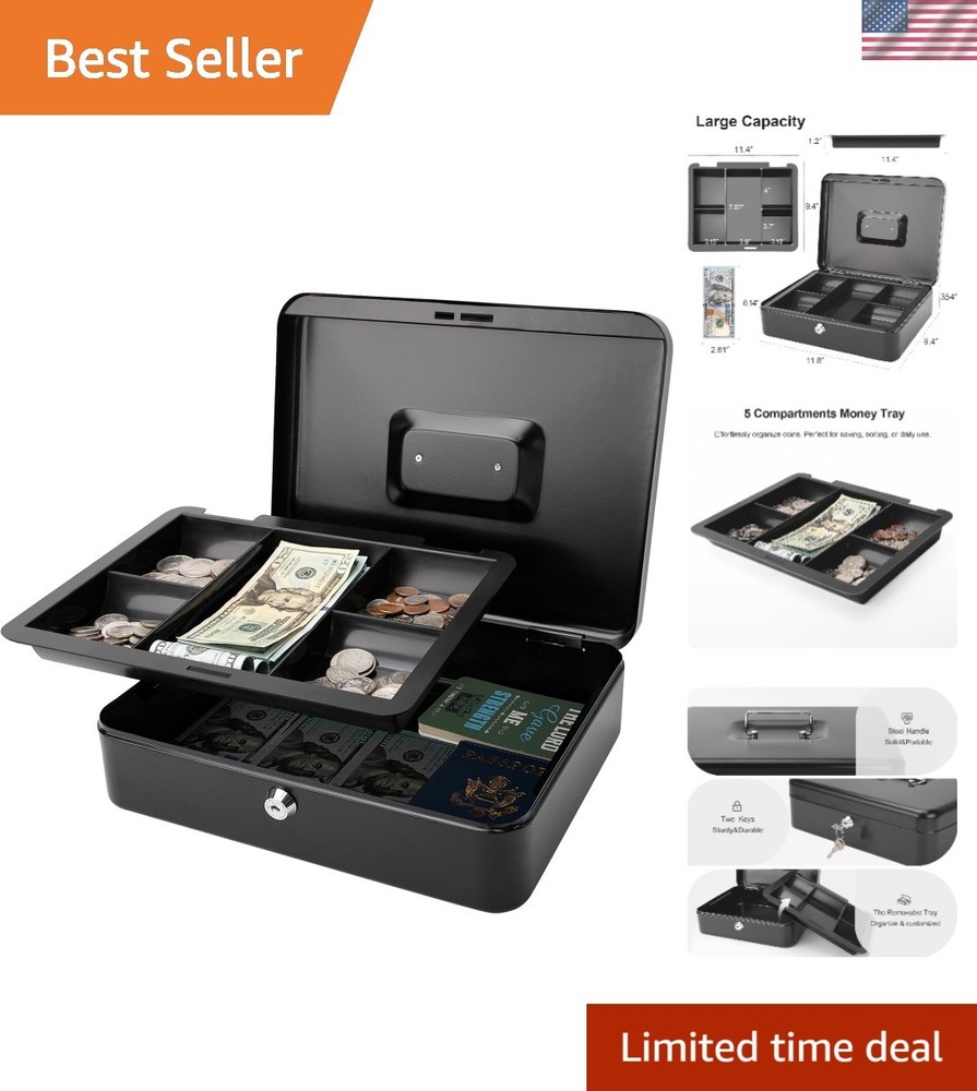 X-Large Secure Cash Box with Key Lock & Removable Tray – Durable Metal Design