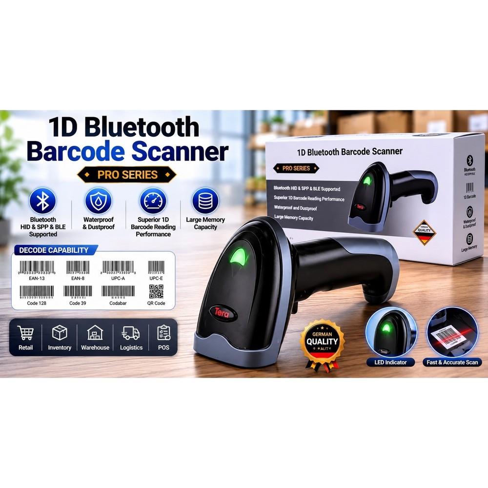 Tera Pro Series 1D Bluetooth Barcode Scanner Wireless Handheld L0013B Black