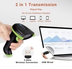Tera Wireless Barcode Scanner 2.4GHz USB Wired 1D Laser Rechargeable Green