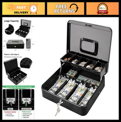 Secure Cash Box with Key Lock – Steel Construction, Spill-Proof Coin Tray, Porta