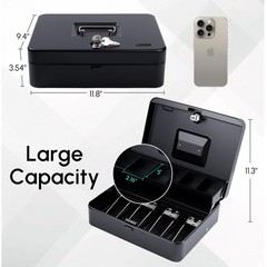 Cash Box Money Tray Top Key PushButton Lock Safe XL 11.8×9.45×3.54″ Black
