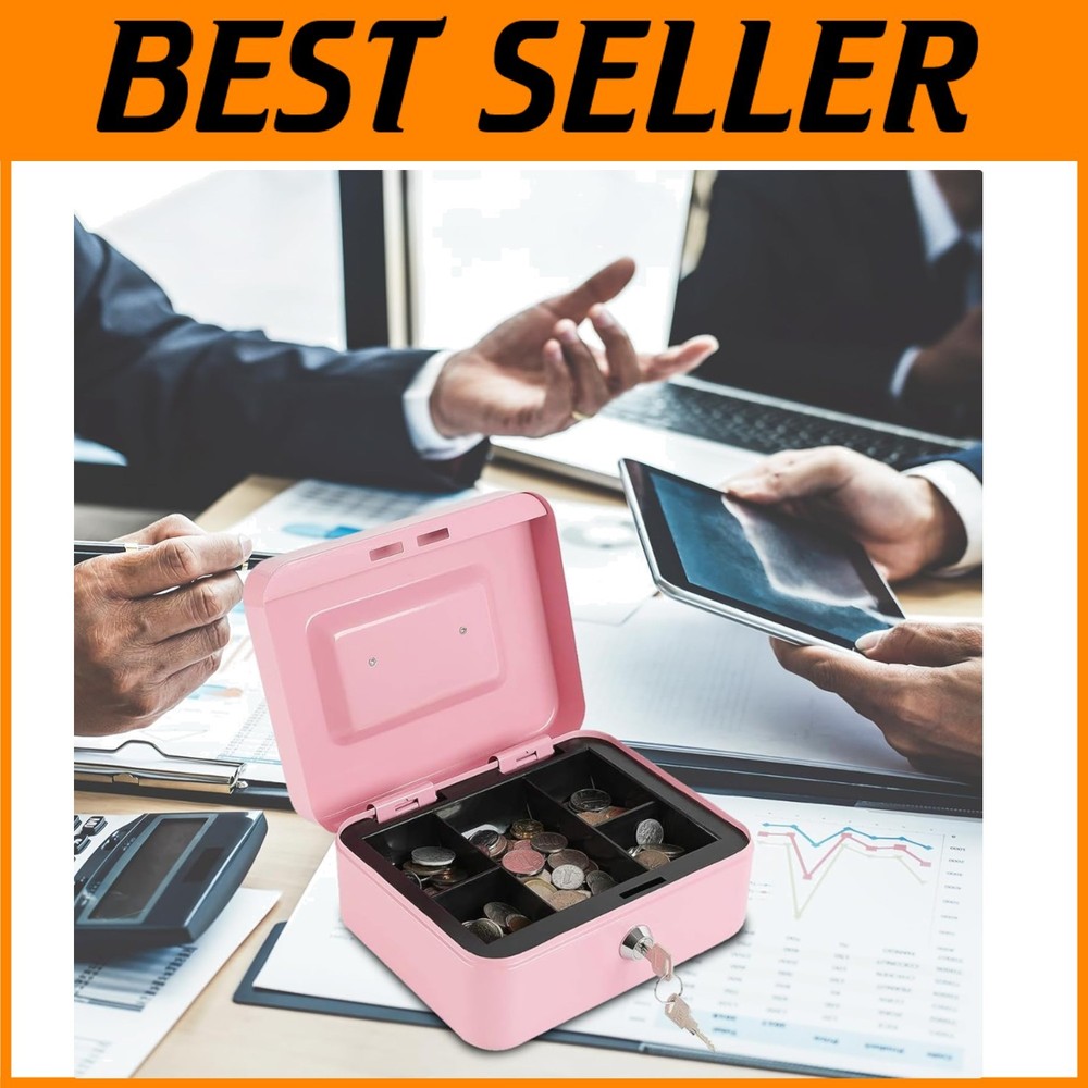 Portable Pink Cash Box with Key Lock & Coin Organization
