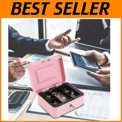 Portable Pink Cash Box with Key Lock & Coin Organization