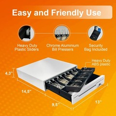 13″ Cash Drawer for POS Systems – Removable Coin Tray, Key Lock, 4 Bill, 5 Coin,