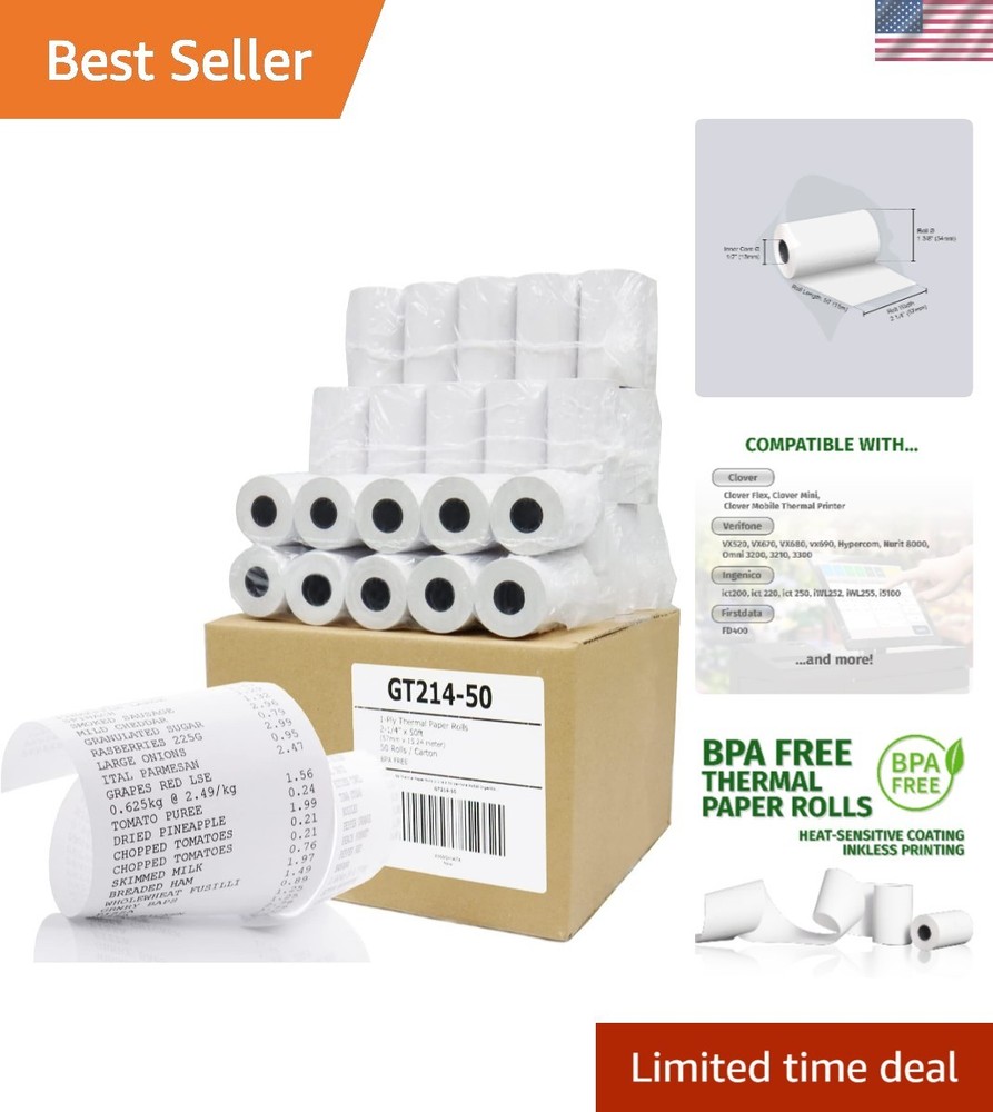 Inkless 2-1/4″ x 50′ Thermal Paper Rolls – 50 Pack, High-Quality & Biodegradable