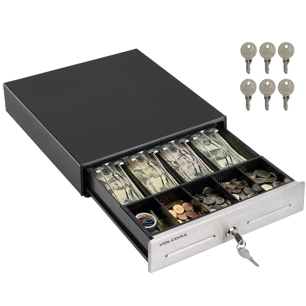 Volcora 13″ Cash Register Drawer POS System 4 Bill 5 Coin Black Stainless Steel